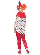 Female circus clown, costume poncho, pom pom, polka dot